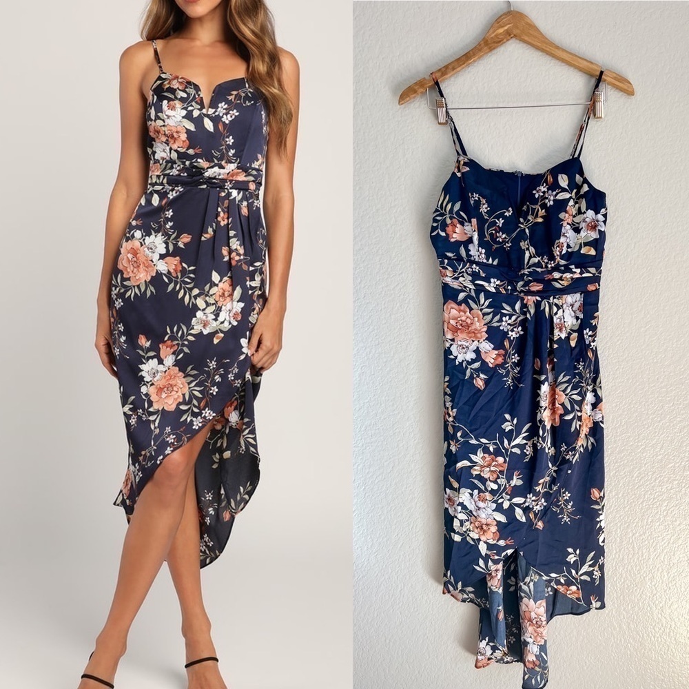 NWOT My Favorite Day Navy Blue Floral Print Tulip Skirt Midi Dress